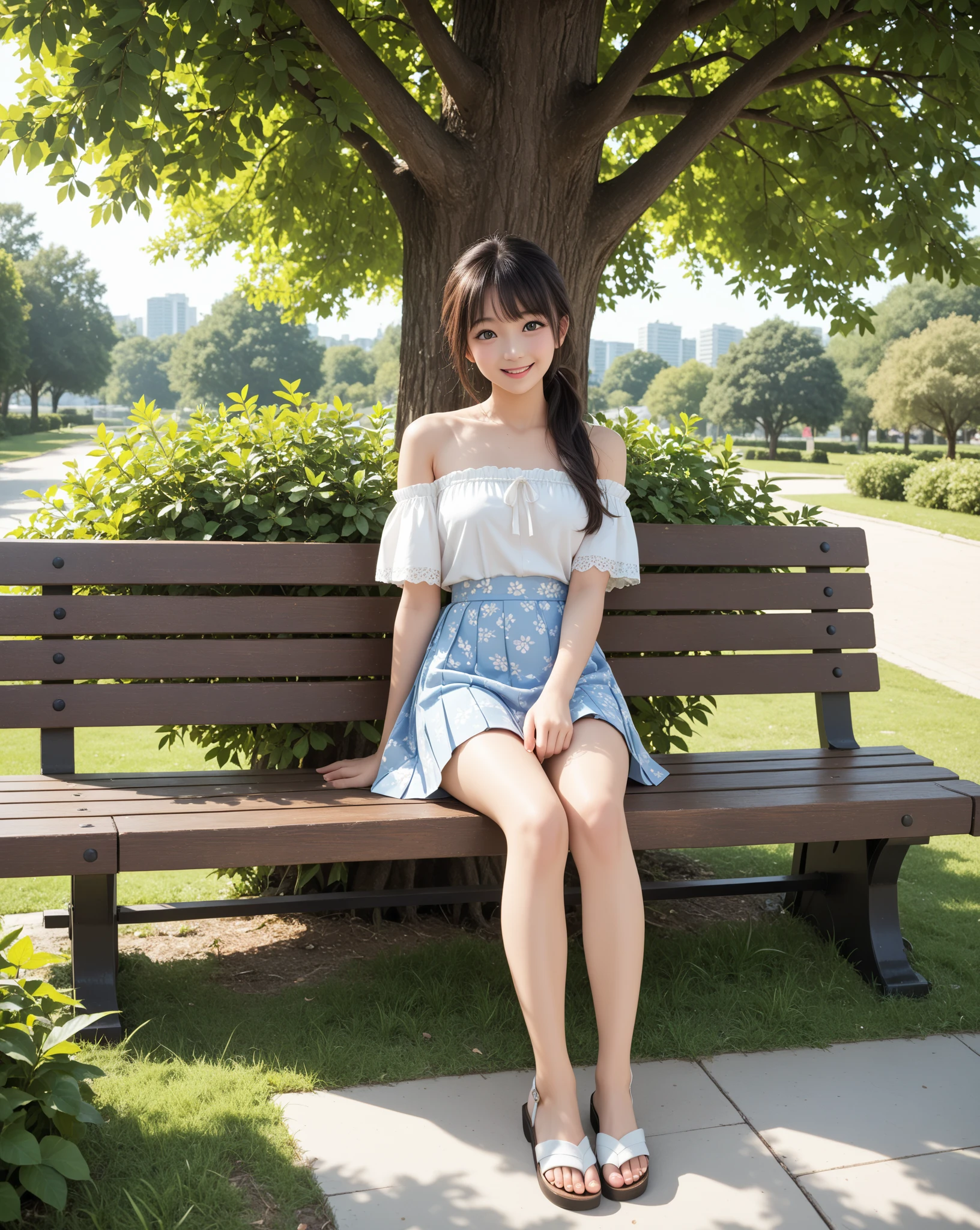 (8k, Photorealistic, Raw photo, Highest quality: 1.4),Japanese idol-style beautiful girl,1people,18-year-old,Short bob hairstyle,Silver Hair,She has her hair tucked behind her ears,She has small earrings in her ears,Big, clear grey eyes,Long eyelashes,Plump Cheeks,She is wearing pink lipstick,Apply gloss over your lipstick for glossy, plump lips,Smiling,A short pendant is hanging around her neck,Blackのマニキュアを両手の爪に塗っている,Blackのマニキュアを両足の爪に塗っている,She is wearing a white off-the-shoulder summer knit on bare skin.,I can see her cleavage,Pleated skirt(Black,Plaid)Wear,sit(On the grass under the tree in the park,barefoot,sitting cross-legged :2.0)),Hands placed between legs,She is surrounded by the gentle sunlight filtering through the trees.,Angle from the front,whole body ports