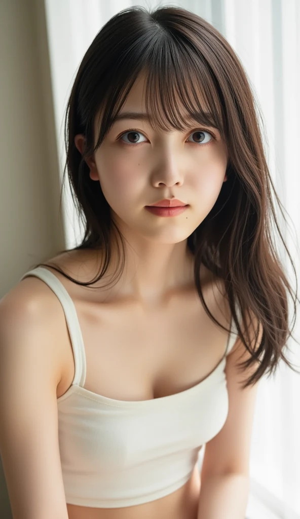 masterpiece, highest quality, 8k, 20th Generation, Large Breasts, cute, alone, sad, cute, Girlish, Delicate girl, Pure beauty, RAW Photos, Professional photography, Portraiture, Soft Light, Professional Lighting, Backlight, Upper Body, avert your eyes, Sophisticated, Film Grain, (Eyes and facial details:1.0), Short floating hair, Beautiful, flowing hair, bangs, (Tight camisole that clings to the breasts(pastel colour))、(Large Breasts:1.0)、You can see a little cleavage、Dolly Makeup、Odd Eye、The colour of the left and right eyes are different