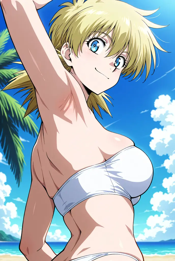 argo, 1girl, solo, breasts, looking_at_viewer, smile, short_hair, blonde_hair, navel, bare_shoulders, brown_eyes, sitting, collarbone, swimsuit, yellow_eyes, upper_body, ahoge, bikini, outdoors, shorts, day, midriff, stomach, tree, crop_top, facial_mark, antenna_hair, yellow_bikini, whisker_markings, yellow_shorts, huge tits, huge breasts, breastsout