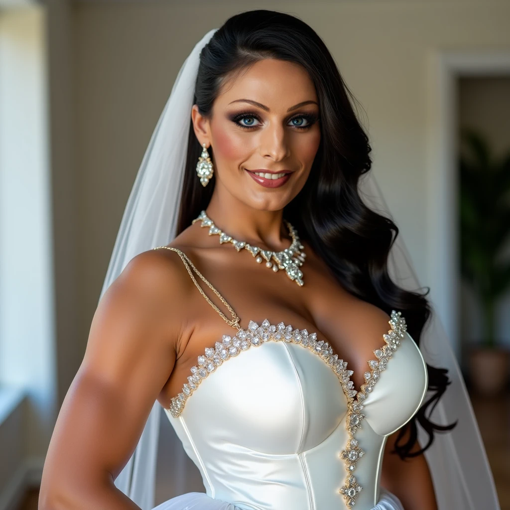 A scene of a busty beauty wearing a white wedding dress with a large opening at the neckline inviting with a big smile at the wedding venue