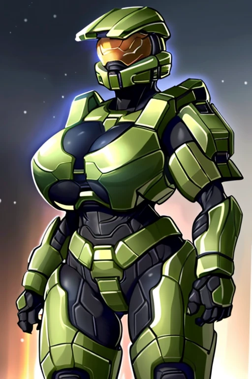 1girl, nsfw, halo the game, masked,fluid art,muscular,strong rim light, moody lighting, by sedo,by zoyu, curvy female spartan halo, curvy body, green armor, tight black body suit, helmet,armor, huge breasts, (showing big ass), massive ass, thick thighs, wide hips,