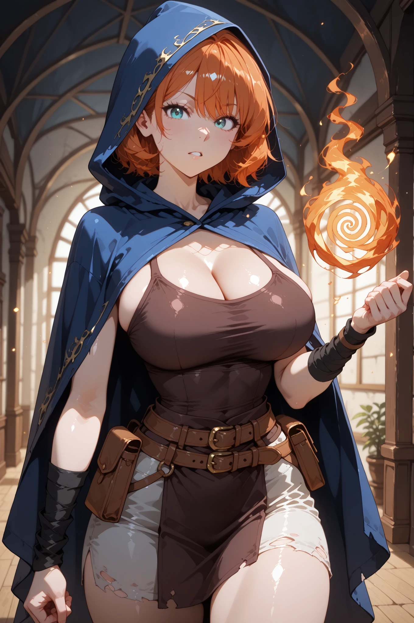 A mysterious figure exudes an aura of magic and intrigue. The character wears a dark, hooded cloak that drapes over a rugged tunic, giving off a medieval or fantasy vibe. Straps and belts wrap around the chest and waist, securing a pouch at their side. A striking feature is the glowing, fiery orange spiral hovering above their open palm, suggesting the use of magic or mystical powers. The chest area of the garment is notably worn and frayed, with a swirling pattern that mirrors the flame in their hand, hinting at an inner magical force. The lighting casts soft shadows, enhancing the enigmatic and otherworldly atmosphere, while the muted, earthy color palette adds depth to the scene, evoking a sense of ancient power and mystery.