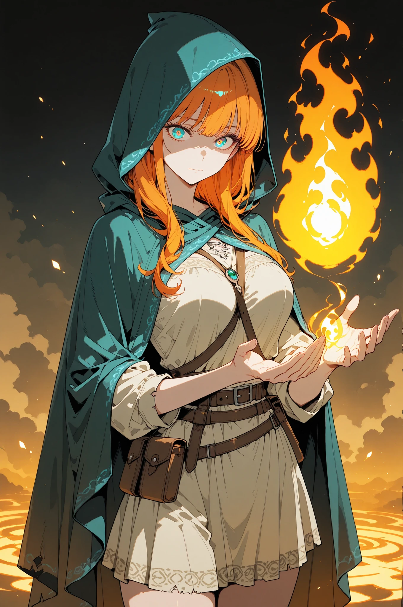 A mysterious figure exudes an aura of magic and intrigue. The character wears a dark, hooded cloak that drapes over a rugged tunic, giving off a medieval or fantasy vibe. Straps and belts wrap around the chest and waist, securing a pouch at their side. A striking feature is the glowing, fiery orange spiral hovering above their open palm, suggesting the use of magic or mystical powers. The chest area of the garment is notably worn and frayed, with a swirling pattern that mirrors the flame in their hand, hinting at an inner magical force. The lighting casts soft shadows, enhancing the enigmatic and otherworldly atmosphere, while the muted, earthy color palette adds depth to the scene, evoking a sense of ancient power and mystery.