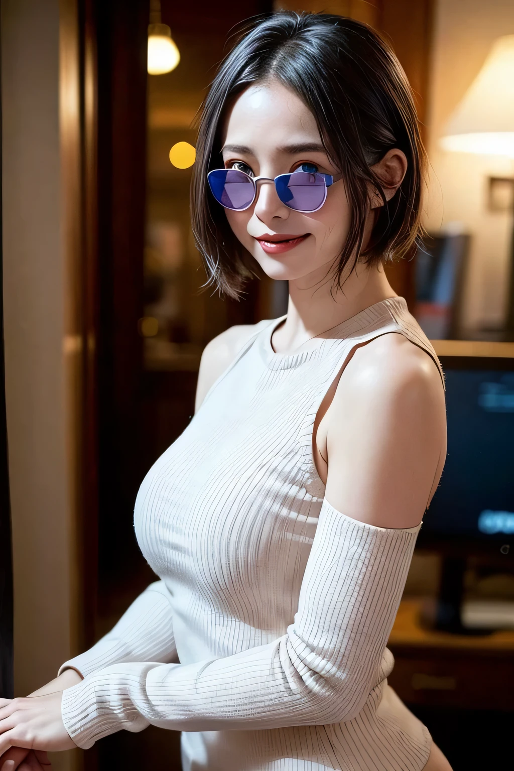 ultra detailed, beautiful, masterpiece, best quality, detailed beautiful round eyes, beautifully detailed face, medium short hair, (massive breasts, cleavage, narrow waist), young woman, blue jeas jacket, white bra inside, short jeans, pulled down (white panties inside), perfect face, perfect body, smile, necklace, earing, sunglasses, behind of effeil tower, (solo, full body shot, selfie)