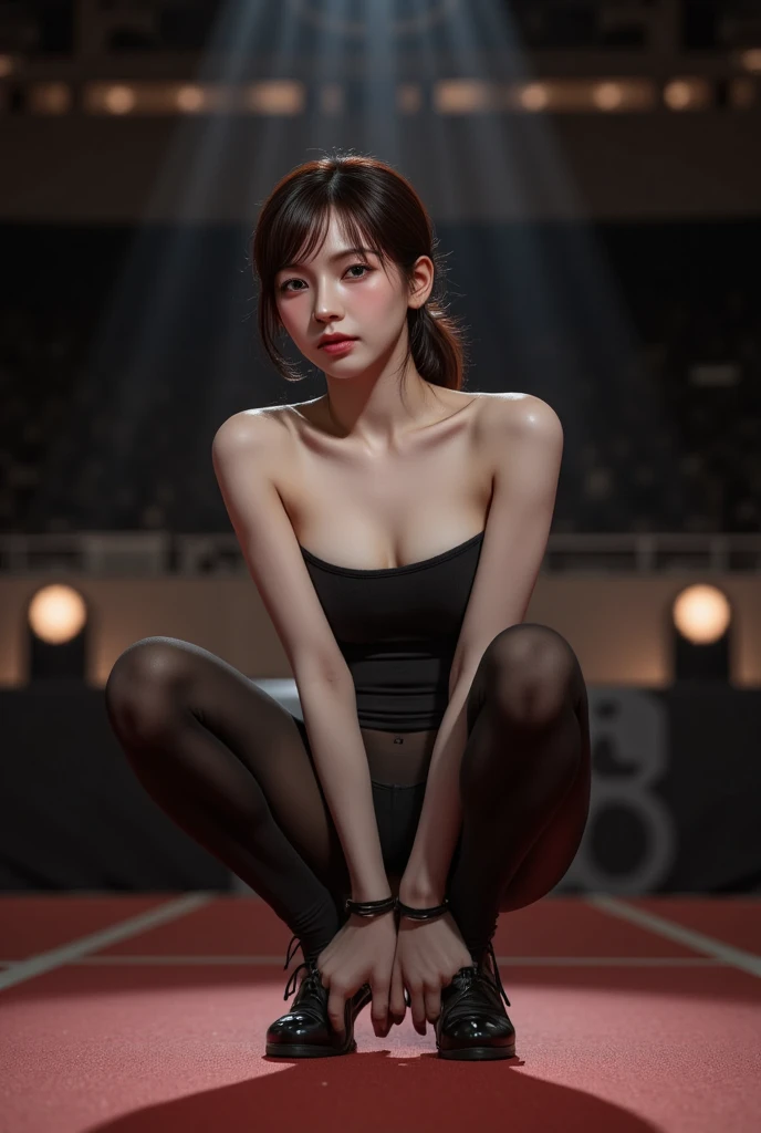 full body, nude body, (beautiful Korean female bodybuilder:1.2) in her 30s, 4k, masterpiece, (highres, soft_light), (absurdres:1.8), deep depth of field, sharp focus, alluring pose on stage, life like skin texture, muscular jaw, long hair with highlights, very round and (small breasts, pubic_hair:1.3), small glutes, Smirk, 70mm, remarkable use of texture form and natural colors, capturing the essence of reality without artificial manipulations, colors are subdued and muted, perfect shaped nipples