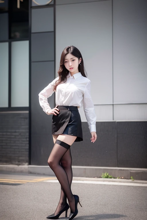 ulzang-6500-v1.1,(RAW photo:1.2), (Photorealistic:1.4), Beautiful Meticulous Girl, very detailed eyes and faces, Beautiful detailed eyes, ultra - detailed, A high resolution, The is very detailed,best qualtiy,tmasterpiece,((The shirt,a skirt)),illustratio,The is very detailed,unified,8k 壁纸,finely detailled,tmasterpiece,best qualtiy,Unity8k wallpapers,light in face,cinmatic lighting, 1girll, 16 years old,(((dynamicposes))),(Camel toes),(full bodyesbian),((black lence stockings)),high-heels,the street,城市