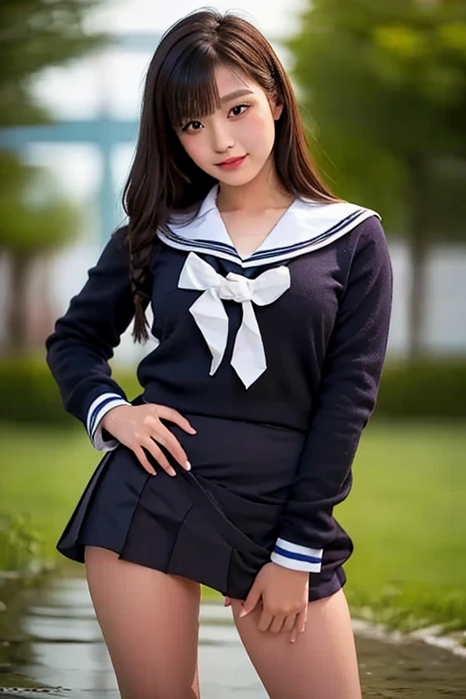 ((highest quality、8k、masterpiece:1.3)),((((fullbody shot)))),Ultra-high resolution,big eyes,Japanese,bangs,(a girl),(1 girl),((20 years old)),((facing at viewer)),(long hair),(((black sailor uniform))),grin,((sitting on chair)),(((pussy))),((skirt lift))