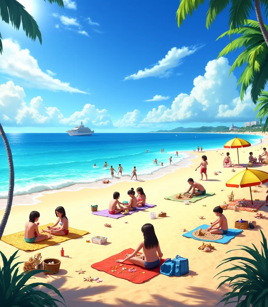 an anime-style landscape capturing a summer beach day. The beach has clear blue water lapping against white sand, with vibrant beach umbrellas and towels scattered along the shore. People are engaged in various activities: children building sandcastles, friends playing beach volleyball, and couples strolling along the water's edge. Palm trees sway in the gentle breeze, and seagulls fly overhead. The sky is a bright, cloudless blue, adding to the lively and carefree atmosphere.