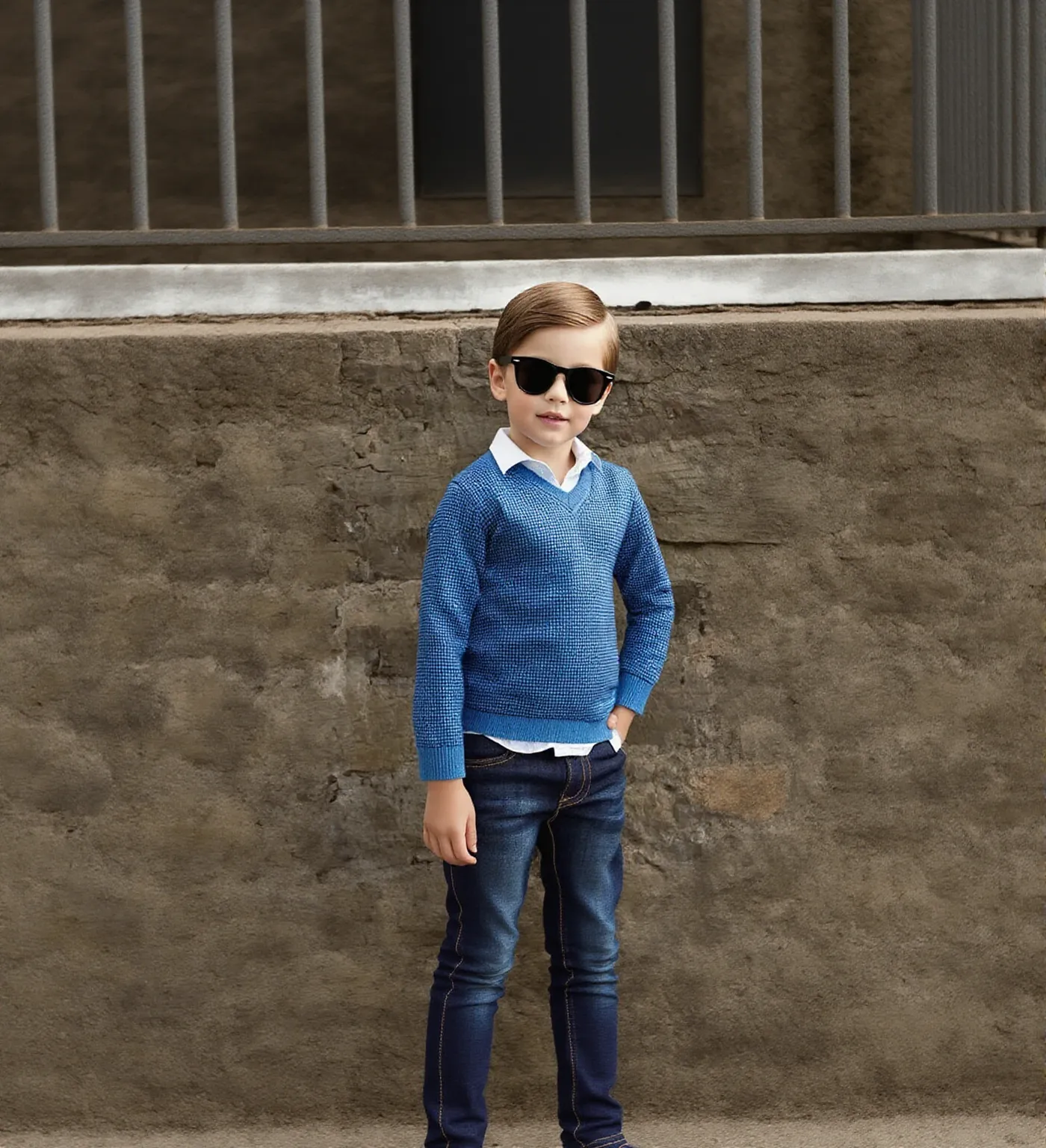 Funny little boy full body, 3d rendering, 8K, handsome, sunlight, shadow. Wearing cute children's clothes, wearing sunglasses, realistic, realistic,