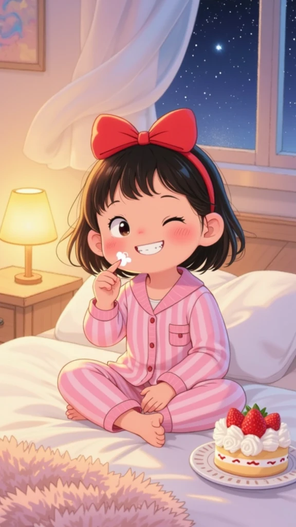 maintain the character's image，Face，Clothes， 生成下面Scenes[fantasy children's illustration] Microscopic perspective:variable size standing on the hill of the gums,red bow hair card fluttering  
[action] cover your mouth in surprise,eye twinkle  
[Scenes]  castle oral,rainbow saliva lake,glowing teeth guard like jade carving  
[styled] Macaron color system,translucent gradient,Jelly texture  
[special effect] Soft focus spot,dreamy glare  
[Negative] blood vessel,decay teeth,blood vess,realistic organization --ar 16:9