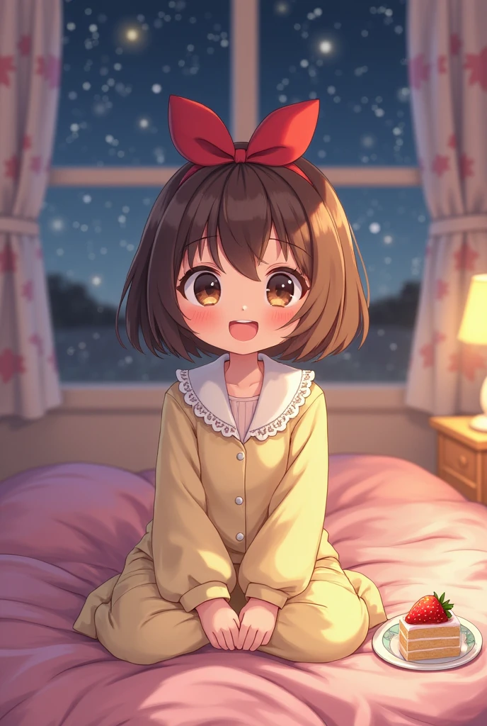 A charming young girl with short brown hair sitting on a pink bed, and smiled happily. She was wearing a light yellow pajama suit,A delicate white fan collar on it, made her look soft and cozy. A large red bow adorns her hair, added a playful touch to her outfit. with a piece of cake in front of her A small plate,with a bright red strawberry on it, hinted at a sweet moment of indulgence. The small light on the bedside table gently illuminates the room, radiates a warm,and a window can The serene nighttime environment I saw complimented, with a sky full of stars creates a sense of quiet satisfaction. The combination of soft colors, soft lighting, ,Her happy expression evoked a sense of innocence simple happiness.