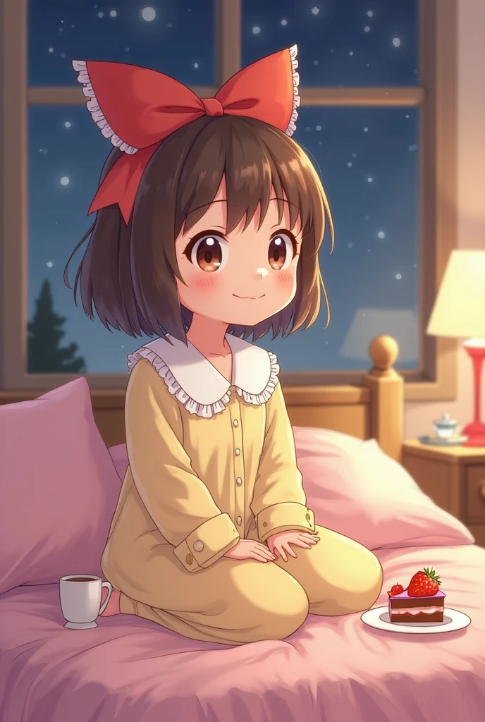 A charming young girl with short brown hair sitting on a pink bed, and smiled happily. She was wearing a light yellow pajama suit,A delicate white fan collar on it, made her look soft and cozy. A large red bow adorns her hair, added a playful touch to her outfit. with a piece of cake in front of her A small plate,with a bright red strawberry on it, hinted at a sweet moment of indulgence. The small light on the bedside table gently illuminates the room, radiates a warm,and a window can The serene nighttime environment I saw complimented, with a sky full of stars creates a sense of quiet satisfaction. The combination of soft colors, soft lighting, ,Her happy expression evoked a sense of innocence simple happiness.