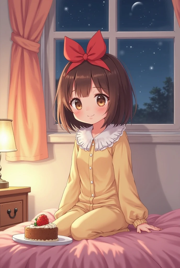 A charming young girl with short brown hair sitting on a pink bed, and smiled happily. She was wearing a light yellow pajama suit,A delicate white fan collar on it, made her look soft and cozy. A large red bow adorns her hair, added a playful touch to her outfit. with a piece of cake in front of her A small plate,with a bright red strawberry on it, hinted at a sweet moment of indulgence. The small light on the bedside table gently illuminates the room, radiates a warm,and a window can The serene nighttime environment I saw complimented, with a sky full of stars creates a sense of quiet satisfaction. The combination of soft colors, soft lighting, ,Her happy expression evoked a sense of innocence simple happiness.