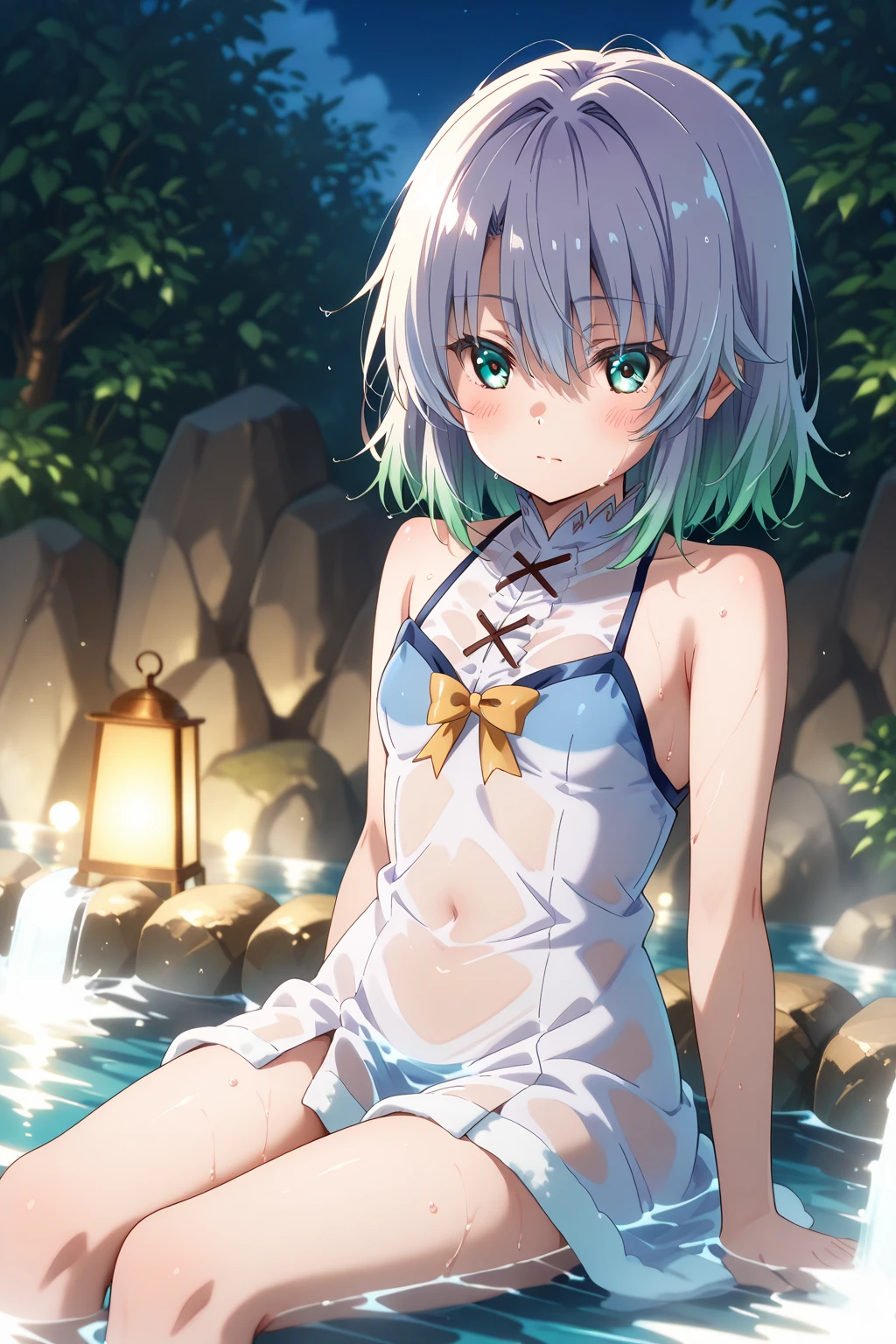 (SFW), tmasterpiece, Best quality at best, highres 64k, professionalartwork, famousartwork, ren, cinmatic lighting, beautidful eyes + the detail, beautiful hairl + the detail, 1girll, Sexy young female body:1.3, ((The beautiful)), lactation, Floating hair, (((比基尼))),((Place both hands behind your hair))),(((Put your hands behind your back))),inside in room,Bedrooms,sit on a bed((Raised sexy))), Dungeon ni deai wo motomeru no wa machigatteiru darou ka, Pointy ears, Towels, , Solo, letterboxed, Wet, Star \(sky\), Night, Sitting, naked towel, Blonde hair, 鎖骨, Sparkle, Starry sky, Blue eyes, view the viewer, hair between eye, elf, water, tree, Breasts, Onsen, steams, Short hair, Green hair, --auto