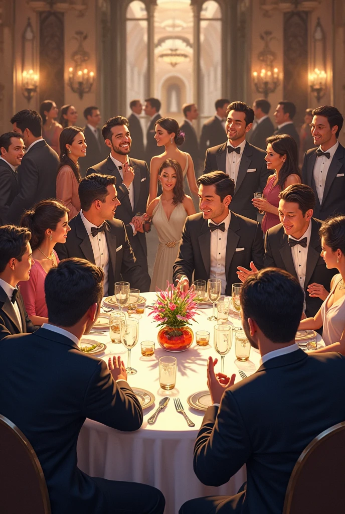 A lively party scene with many people gathered、It's like someone who is getting a lot of attention is in the spotlight.、Only one person was called by name and looked at the camera.