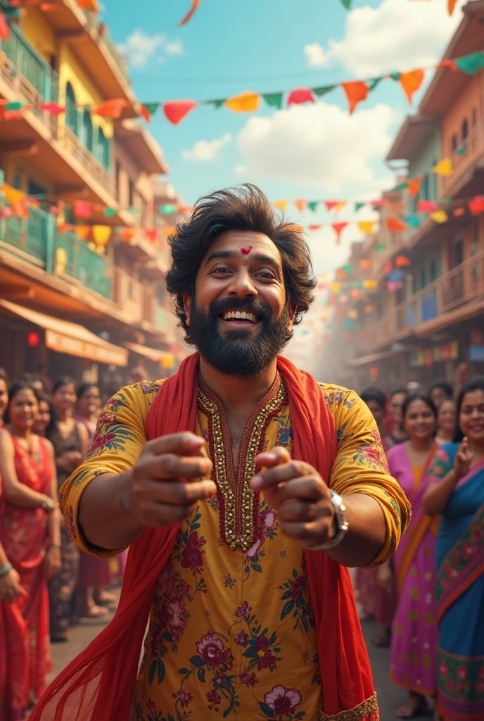 Prompt :
  "Generate a real-life image of a 35-year-old (boy) joyfully celebrating Indian Independence Day. The individual is dressed in Indian attirr with the name SALMAN KHAN prominently displayed on their clothing. The sky above them features the words 'Happy Independence Day' in a bold font. The background is alive with a crowd of people celebrating, creating a vibrant and patriotic atmosphere."