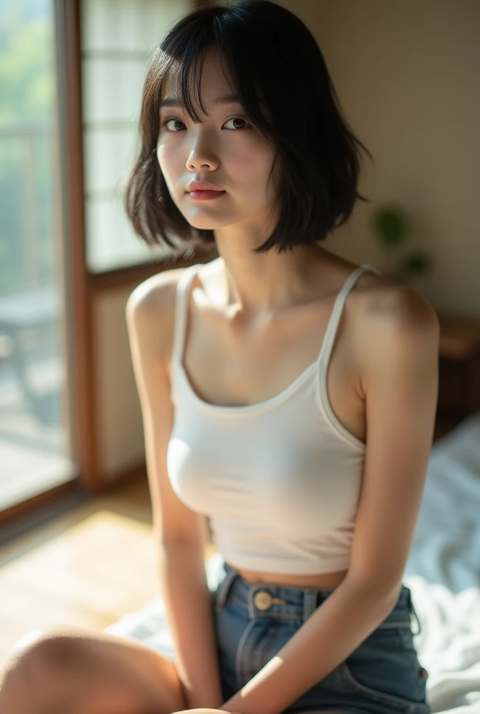 ((Extremely precise and accurate anatomy)), (masterpiece:1.43), Perfect balance, Realistic photos, ((Viewing angle from below、Highest quality、masterpiece、32K、Every detail counts、(Realistic:1.5), (Real Skin:1.5), One girl,))、Go down the stairs at the station、commute、whole body、Tank top with loose chest、Leaning forward、One Girl、(((The shoulder strap of the bag can be worn diagonally across the body:1.4、No underwear:1.22、Big Breasts、barefoot)))、
