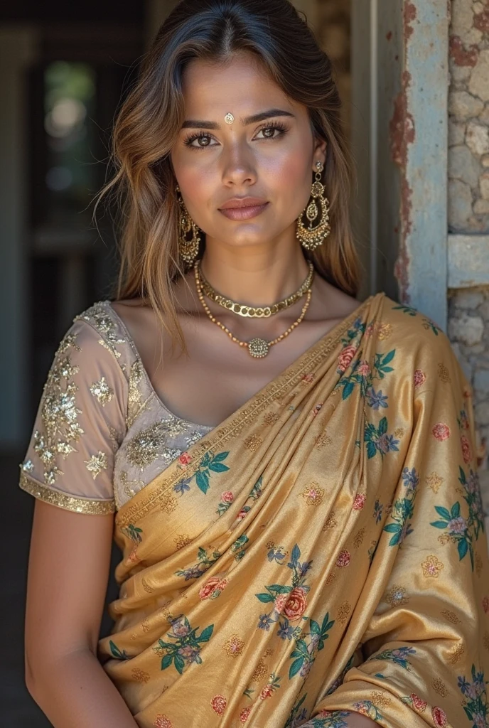 Portrait of a charming woman that 25 years old, blonde, brown eyes. The woman in an elegant setting, inside a richly detailed jewelry shop. She is experimenting with elegant and intricately designed necklaces inspired by Indian culture. She is middle-aged, with dark brown hair and a remarkable golden complexion. She is wearing an elegant yellow sari decorated with traditional motifs. In the shop, display cases filled with gold, silver and precious stones dazzle the eye. In the background of the shop are other customers, slightly blurred. The lighting creates a warm and inviting atmosphere, especially emphasized on the woman's face and the necklaces she is trying on.
((best quality)), ((masterpiece)), (detailed), perfect face, full-body-photo, epic realism,, ultra realistic, 