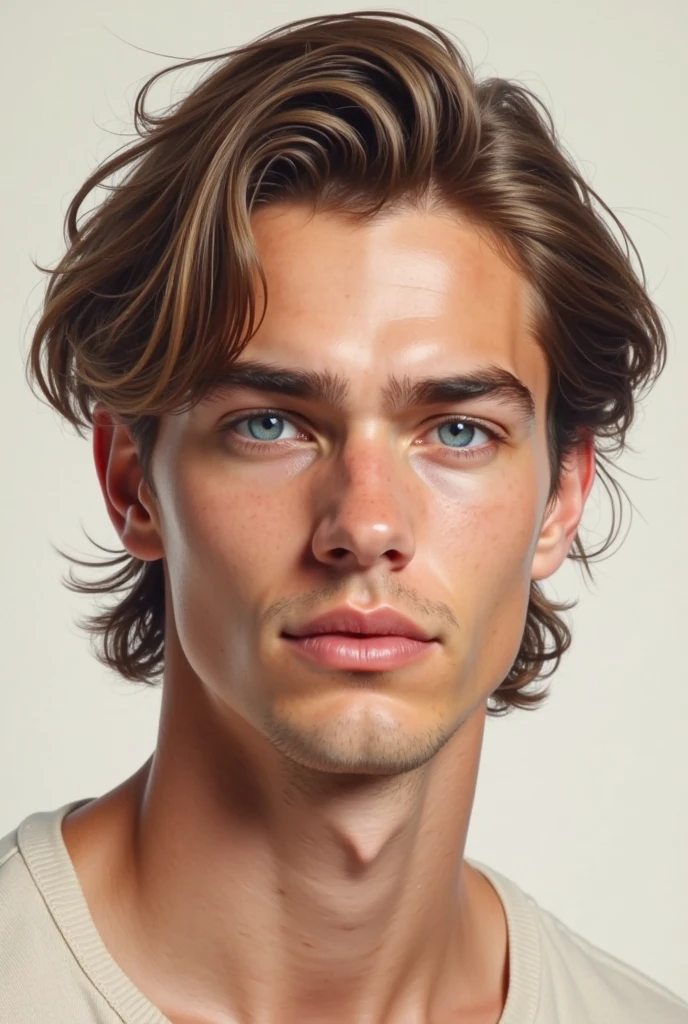 Generate a strong man, spotted, appealing, wearing no shirt, brown hair, eyes browns, brown color, curled hair, sexualized style only 1 man Solo, high resolution, shorth hair, simple background, cloused mouth, minimalism, precise, Masterpiece artwork, high resolution, best qualityer,