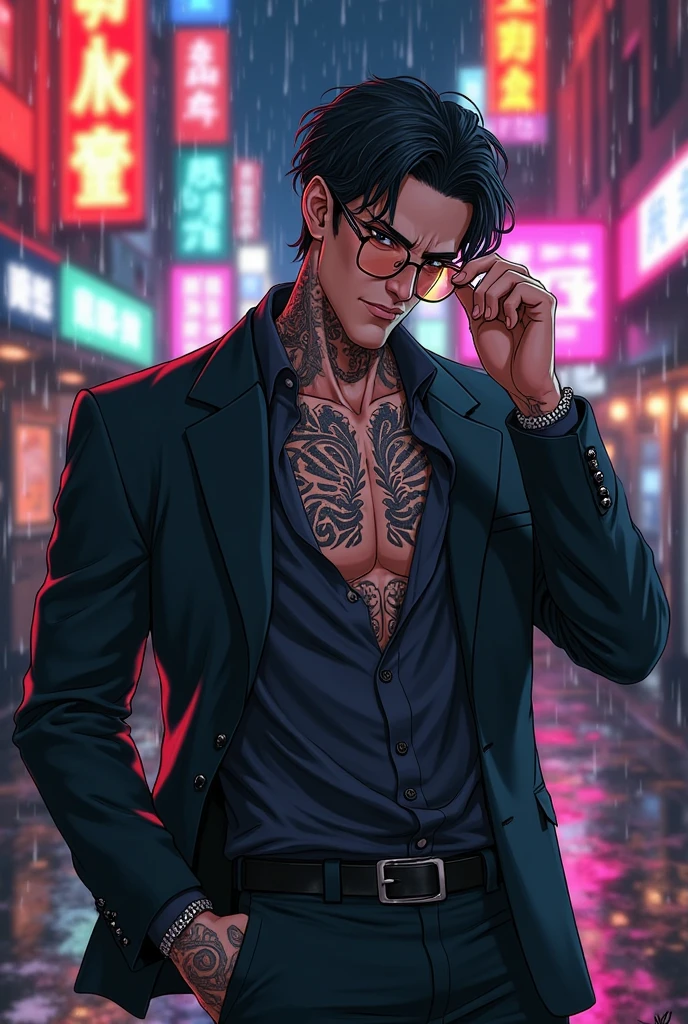 Chinese style handsome man, Red-light district, New Carnival, purple hair, one long braid, wearing pink round glasses, slim face, male, solo, masterpiece, masterpiece,1boy