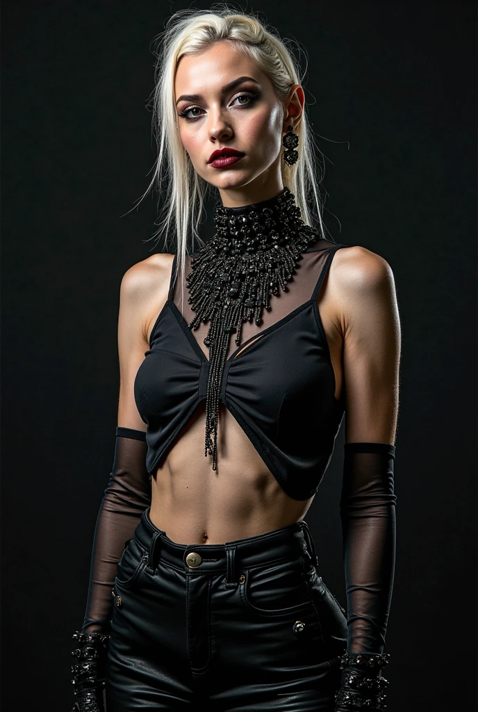 high contrast waist portrait of a russian model with shadow in her face, wearing (tight distressed black jeans:1.4), wearing a (tank top):1.2, pink hair, with a totally white background, gold oil painting background, plants, shine bright like a diamond, carving art, very high details, high quality , emotionally evocative, expansive strokes, atmospheric, dynamic, dramatic, best quality, best resolution, highly realistic, ruddy skin, beautiful, full lips, smiling, feeling of lightness and joy, hyperrealism, skin very elaborated, direct gaze