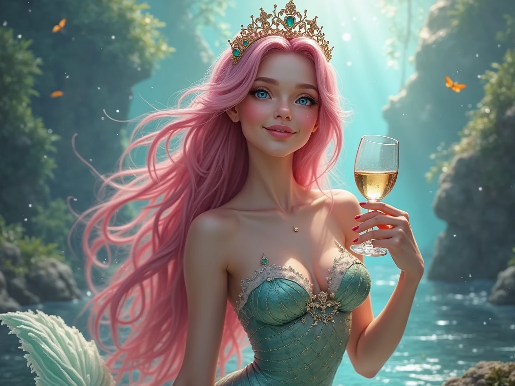 a pixar render disney style young woman wearing big glittery crystals, posing, with long curly hair, drinking champagne at sunset, in the style of realistic fantasy artwork, shiny glistening eyes, fairy academia, pastels, 32k uhd, editorial illustrations, sitting by the ocean at sunset