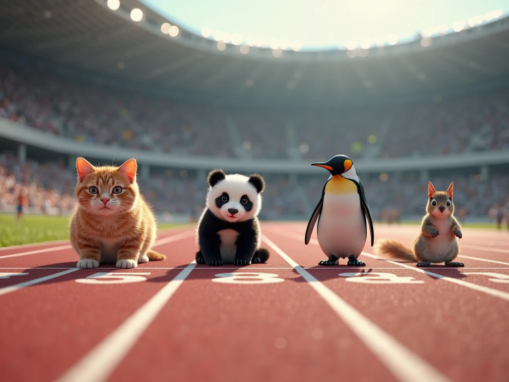 A scene,Chengdu's iconic stadium hosts an unprecedented event, Giant panda characters fly happily,Chinese giant panda,Doggy,Cats and various animals participate in the competition,pixar-style,Chengdu Universiade,Cheer for the critters,The scene is lively,Motivating,The background is crowded,Games theme,The picture is high-definition and fine,64k, still from live action movie, frame from pixar movie, From the movie, Chipdale, official render, still from pixar movie, animated movie still, screenshots from movies