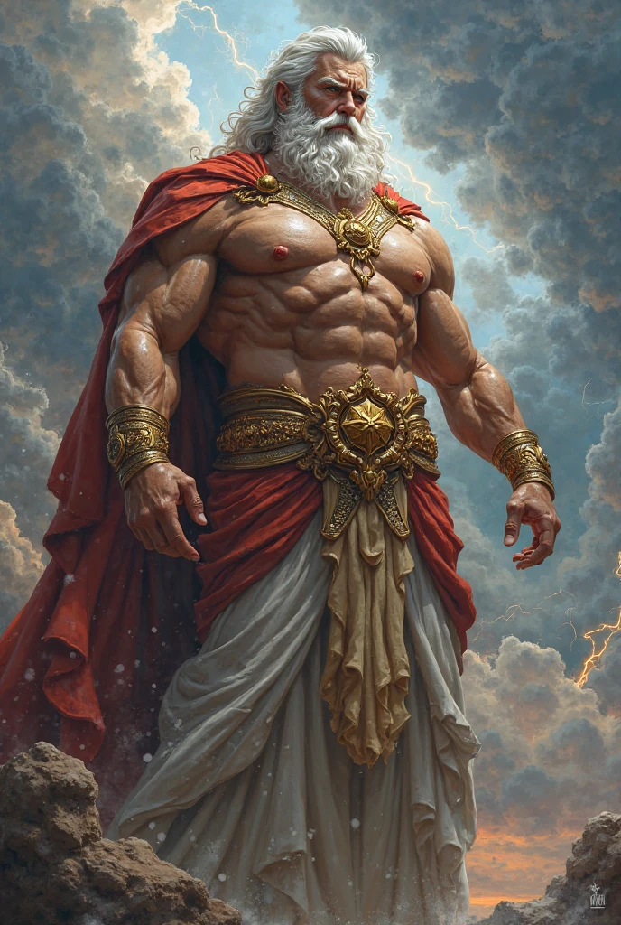 Cinematic image of Zeus ,Very muscular Do pose ,Inspired by Greek letters ,Detailed Background ,8K,Very detailed,Inspired by the Stoic character,real