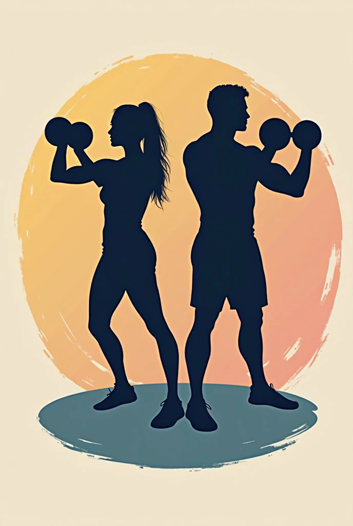 Create an image showing a silhouette of a man and a woman with weights and Spartan clothing for a gym commercial