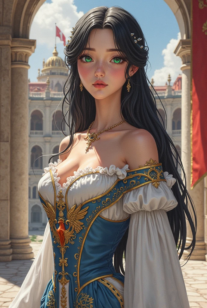 24 year old Caucasian female、Blue delicate eyes,Sexy proportions、Provocative facial expression、Cleavage Emphasis、Disney、snow white、Seven Dwarfs Background