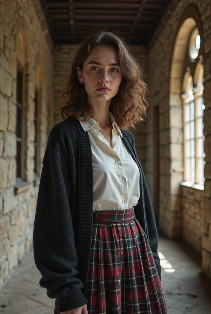 art protography, tvCharlotte_Best_v1, nikon, scene, full body shot, standing in an old library, wearing a plaid skirt, wearing a white shirt, detailed skin, shot from below, flirting with the camera, epiCRealism, epiCPhoto, ,