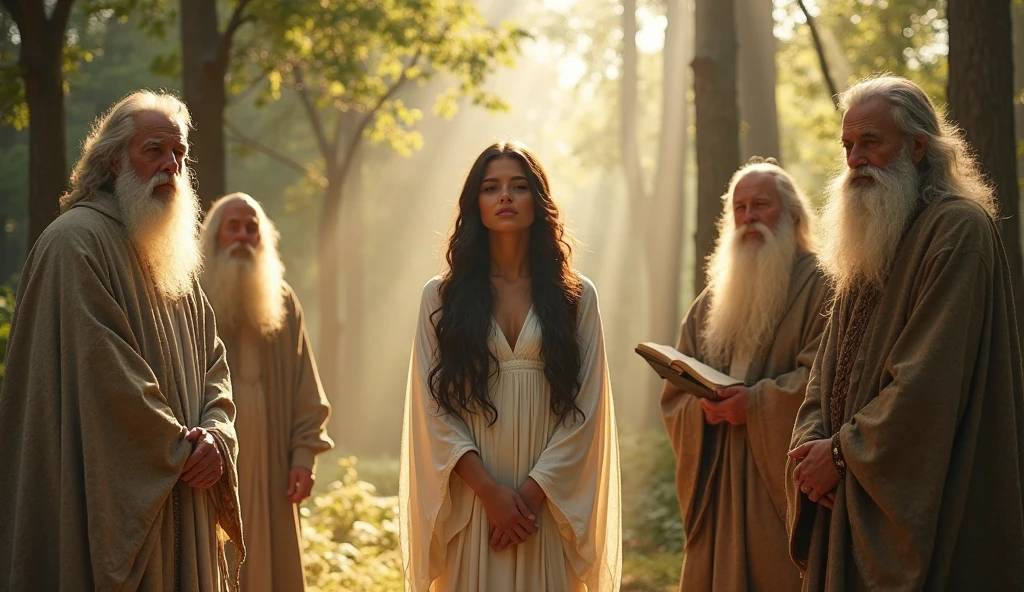 Make a woman wearing white, de olhos fechados. with an indigenous man and an elderly black man in white, behind her, passing on a protective air to her. The image needs to be mystical