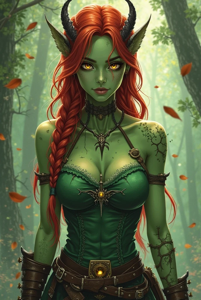 a woman with long crimson hair, wearing a long green dress with a leg slit, intricate corset, beautiful detailed eyes, beautiful detailed lips, extremely detailed face, longeyelashes, elegant pose, graceful movement, breathtaking, detailed and realistic, oil painting, dramatic lighting, warm color palette, cinematic composition, masterpiece, 8k, high quality, poison ivy