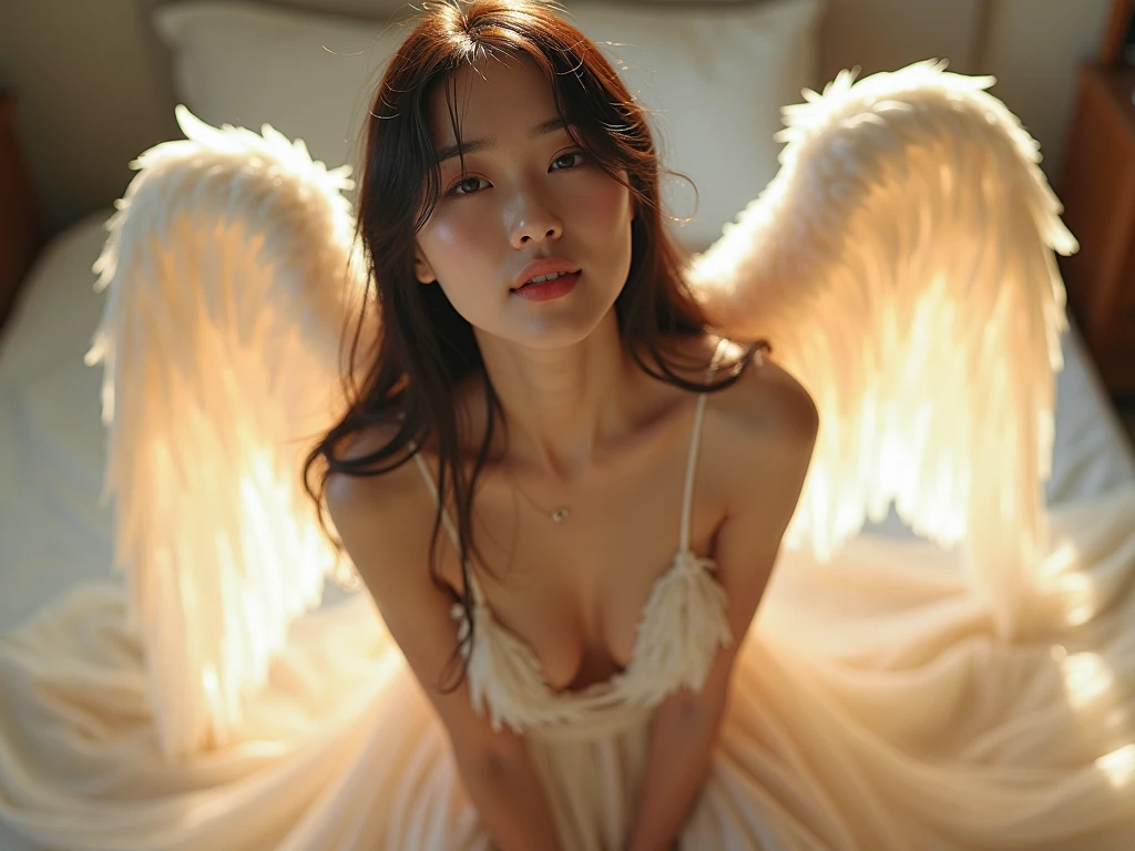 (8k, Highest quality, masterpiece:1.2), 1 person, Sitting、Realistic、Large Breasts, Narrow waist,Light red underwear、See-through、beautiful girl、Black Hair、Green Eyes、long hair、Spread your legs、、Angel's wing