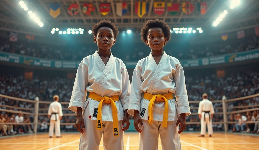 foto, three children together, 10 anos de idade, dobok taekwondo preto, a black-skinned child, Harmonious, Cleancore, Gadgetpunk, top-down, Blender rendering, Flat, Projection mapping, maroon colors, Hallyu, ultraviolet lighting, Ultra realistic