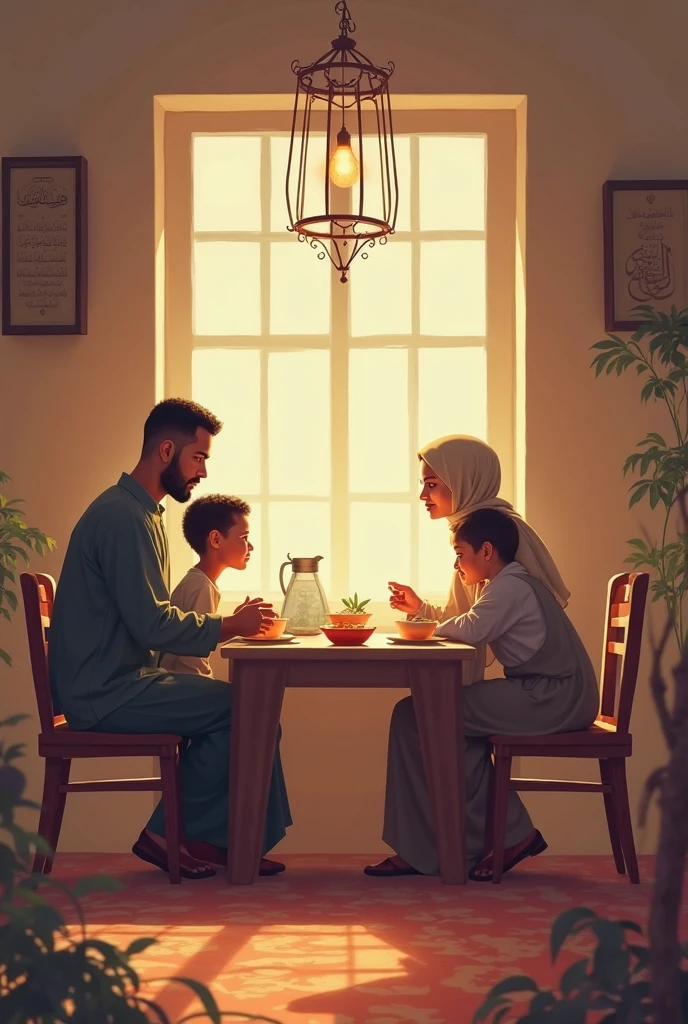 A Muslim boy talks with his mother in the kitchen of a wooden house. Breakfast, rice cakes, is placed on the dining table.