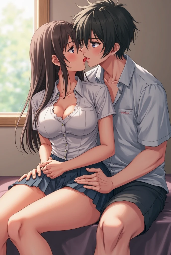 Girl anime sitting on a boy's lap while looking pleased and sticking out her tongue, between her legs is the boy's penis which is taking out semen and leaving it spread on the woman's thighs, the woman has a big butt and breasts, she has a short white shirt with a large neckline that shows her body, also very short shorts