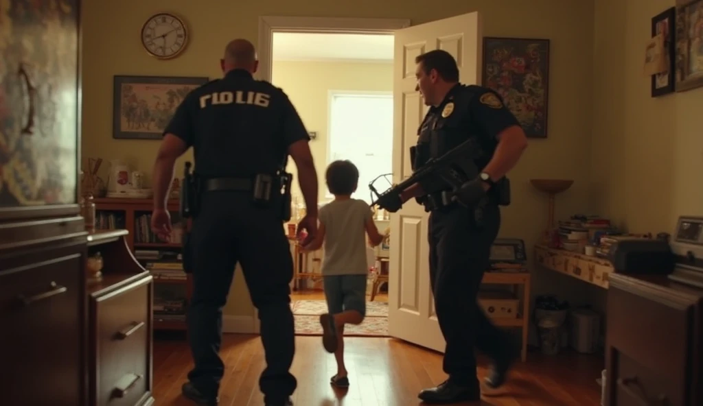 A baby with weapons entering a house