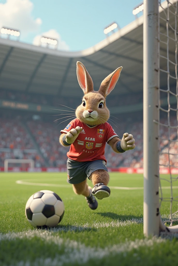 best quality,masterpiece,Highly detailed,ultra-fine painting,sharp focus,extreme detail description,Professional,soccer field,sky,cloud,quinzhee,furry,Rabbit,red eyes,:3,plump,kind_smile,solo,full body,panorama,(soccer:1.2),<lora:Role_é£å¹´é£å_v1.0>,