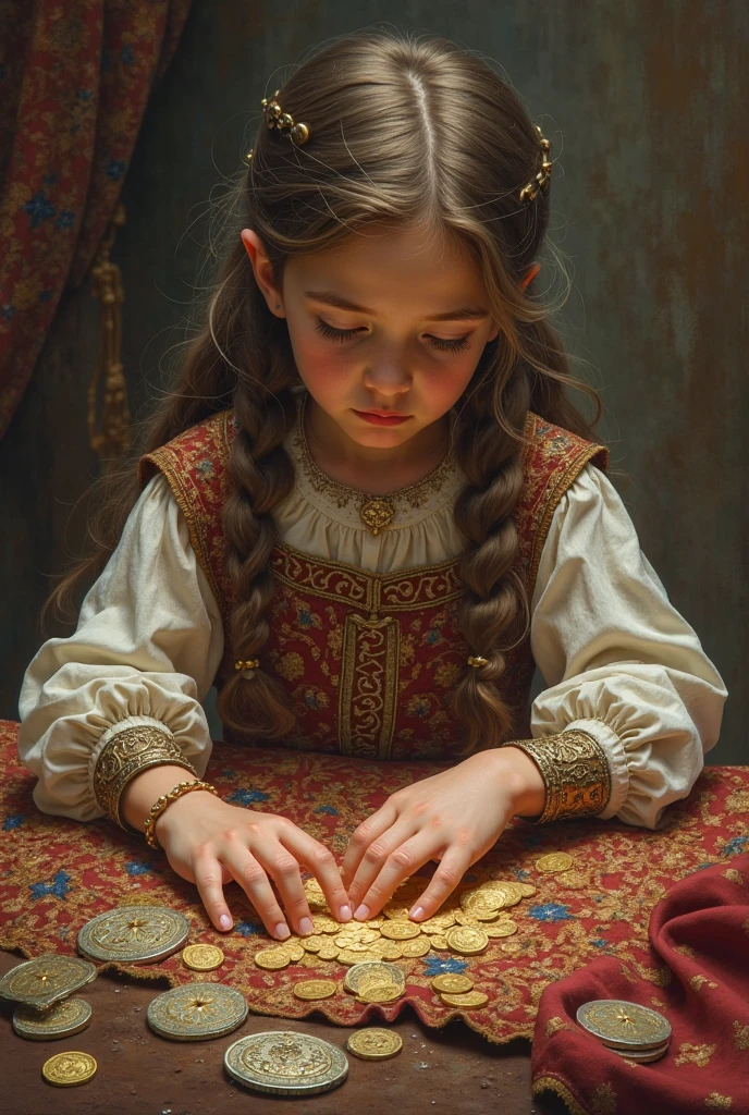 (anime, digital paint, children working together, finding the old woman's hidden treasures, gold and jewels, colorful and sparkling)