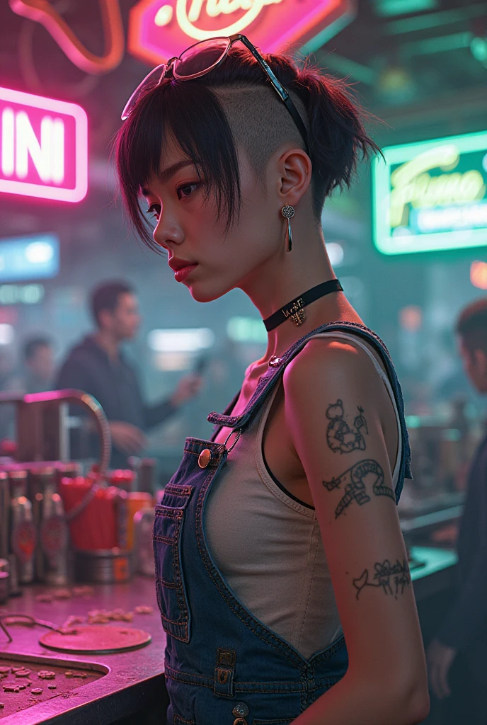 (((Masterpiece))),high resolution,realistic details,sharp focus, hyper-realistic photo of 2 samurais at a bar,(((2 guys at a bar))),(samurai outfit),Fisheye 5 mm lens taken from behind, cyberpunk scene, cyberpunk vibe, New York city in the year of 2527. Super futuristic bar, sharp details,anatomically correct bodies, depth in vision,(depth in vision 1.3), illuminated by vibrant neon lights and holograms. Capture the scene from a street-level perspective during a dark and rainy night. The atmosphere should convey a bustling yet ominous mood, highlighting the contrast between the dystopian environment and advanced technology.(Very detailed: 1.3),4k, back shot