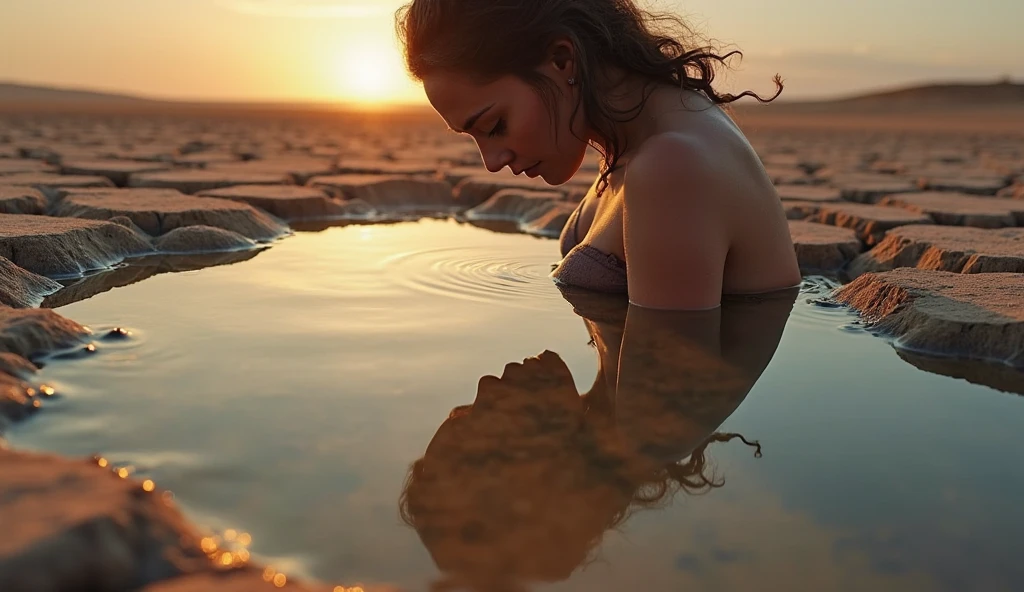 realistic photo, Masterpieces, fantasy, evening pond, young and beautiful woman im bikini getting out of the water from bathing, immersed in water up to the shoulders, sunset, low hanging sun, sun reflections on the water, beautiful evening colors, golden hour, beautiful lighting and long shadows , HDR, raw photo, 8k, ultra details, low angle