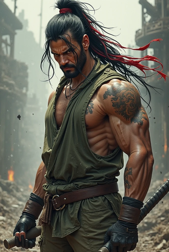 Young Samurai, Please stretch your arms out in front of you, Hold a sword in each hand, Accurate arm and hand detailing, Realist:1.3,( fPhoto, Realist, 8k, RAW Photos, Premium Quality, masterpiece, Great lighting, Centered Images), (Dynamic Movement, Dynamic Fighting,), (2 Knives), Fight with two swords, whole body, (Disheveled brown long hair), (Handsome Japanese young man, 1, Be confident、Trained muscles., Wildman and his body in perfect detail), View your viewers, cyber punk, Warrior, Tokyo, Shibuya Ward,