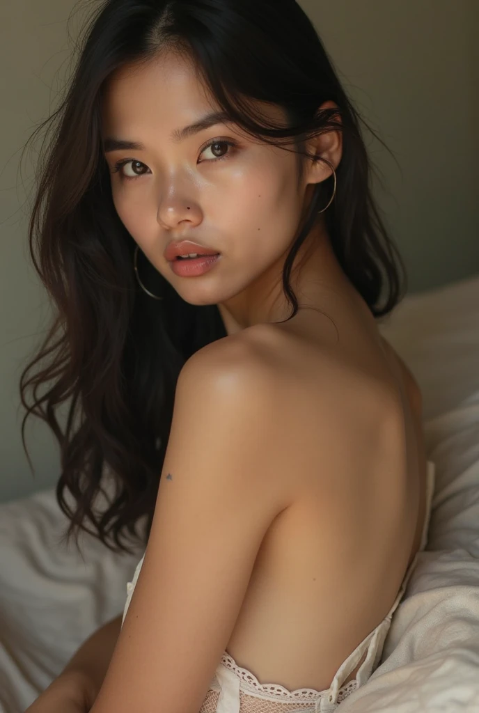 (best quality,4k,8k,highres,masterpiece:1.2),ultra-detailed,(Ultra-realistic, photorealistic,photo-realistic:1.37), 1 beautiful young Japanese Italian half model, 17yo, smiling seductively, sitting on a bed, detailed eyes, high nose, blue eyes, delicate facial features, long eyelashes, peaceful expression, wearing a sexy dress, detailed folds and textures, Sparkling Waves, warm vibrant colors, cinematic lighting, 8k, high quality, photorealistic, masterpiece, studio lighting, detailed texture, vivid colors