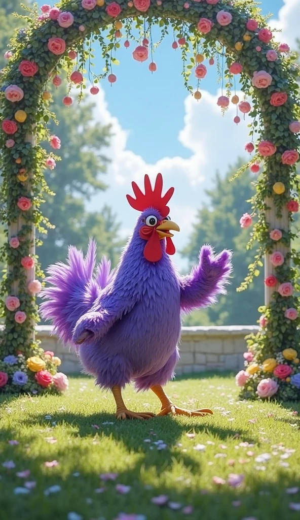 1 girl with red hair in a pigtail, hair decorated with many flowers, white skin, big breasts, big butt, purple Lace Lingerie outfit, background next to a giant chicken, standing and posing