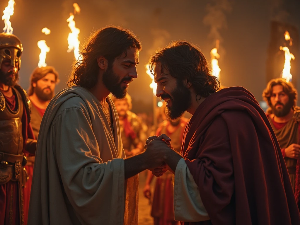 An image of Jesus Christ placing his hands on the wounds of a man sick with leprosy, covered in large sores all over his body and face, and a frightened crowd watching the miracle.
