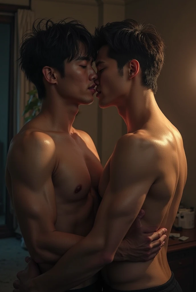 two men, boyfriends, kiss,, flashlight, termplo in the background, body defined, beautiful<, oriental, realistic, cinematic, high quality, 16k, best quality, high details, super detail, half body shot.