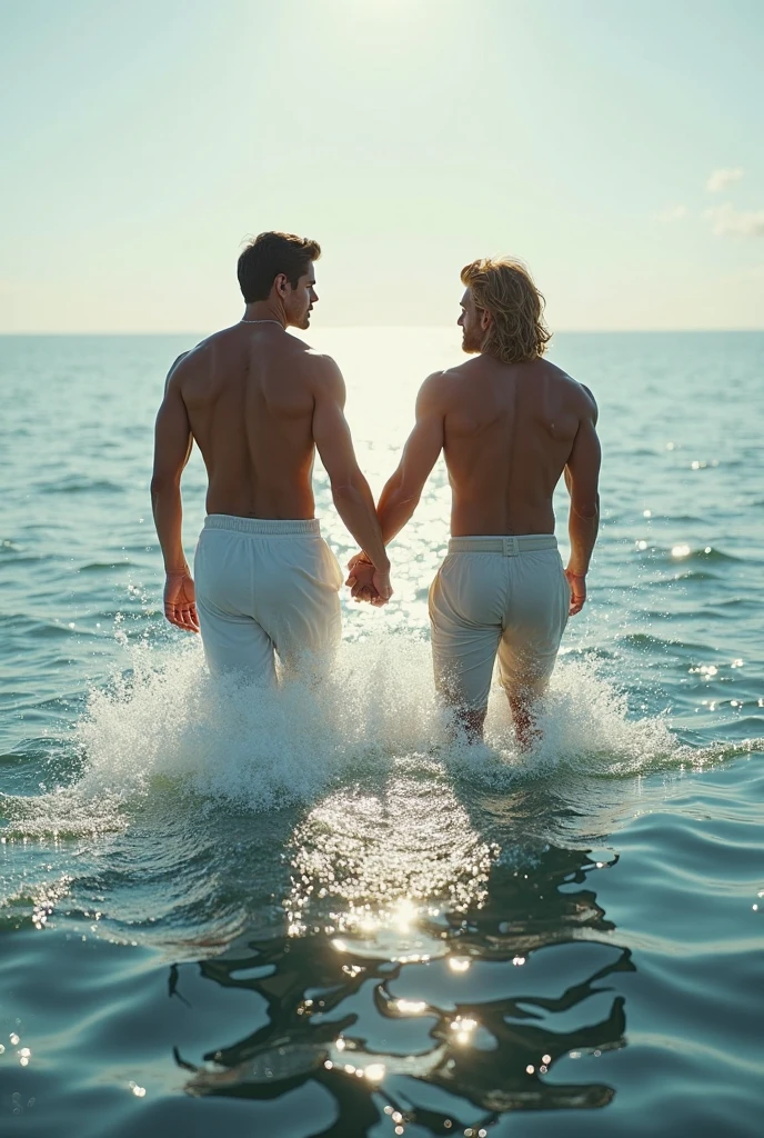 (Man coming out of the wet water), Wearing black dress pants, no shirt, (Beard and attractive) movie scene, (Impeccable), tanned and healed body, Serious and elegant man, Actor Jamie Dornan, with thick male eyebrows, secret agent 007 man style, (with mysterious and serious face,) short dark hair, elegant and elegant, body fit and strong fit in suit, sea background image of Greece with sunset, Man similar to actor Jamie Dornan, ( high quality and realistic image), ((Best Quality, 8k, Masterpiece).