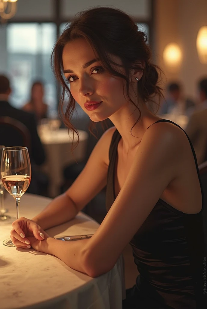 L'image représente une jeune femme à l'expression sereine. Elle a la peau bronzée, Cheveux noirs attachés en arrière, et porte une jolie robe rouge avec décolleté, elle est assise a la table d'un beau restaurant
