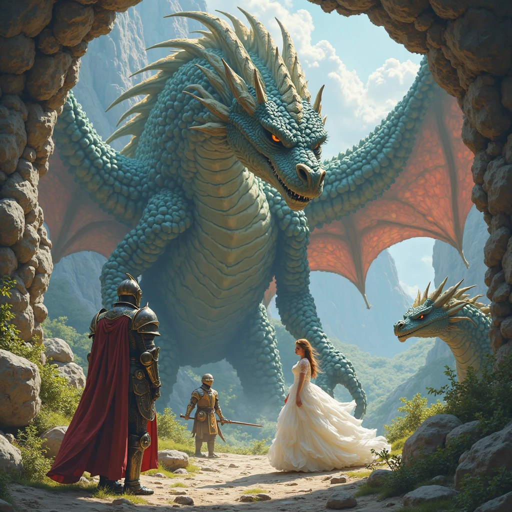 a prince and a princess,. with an evil and a green dragon and a horse 